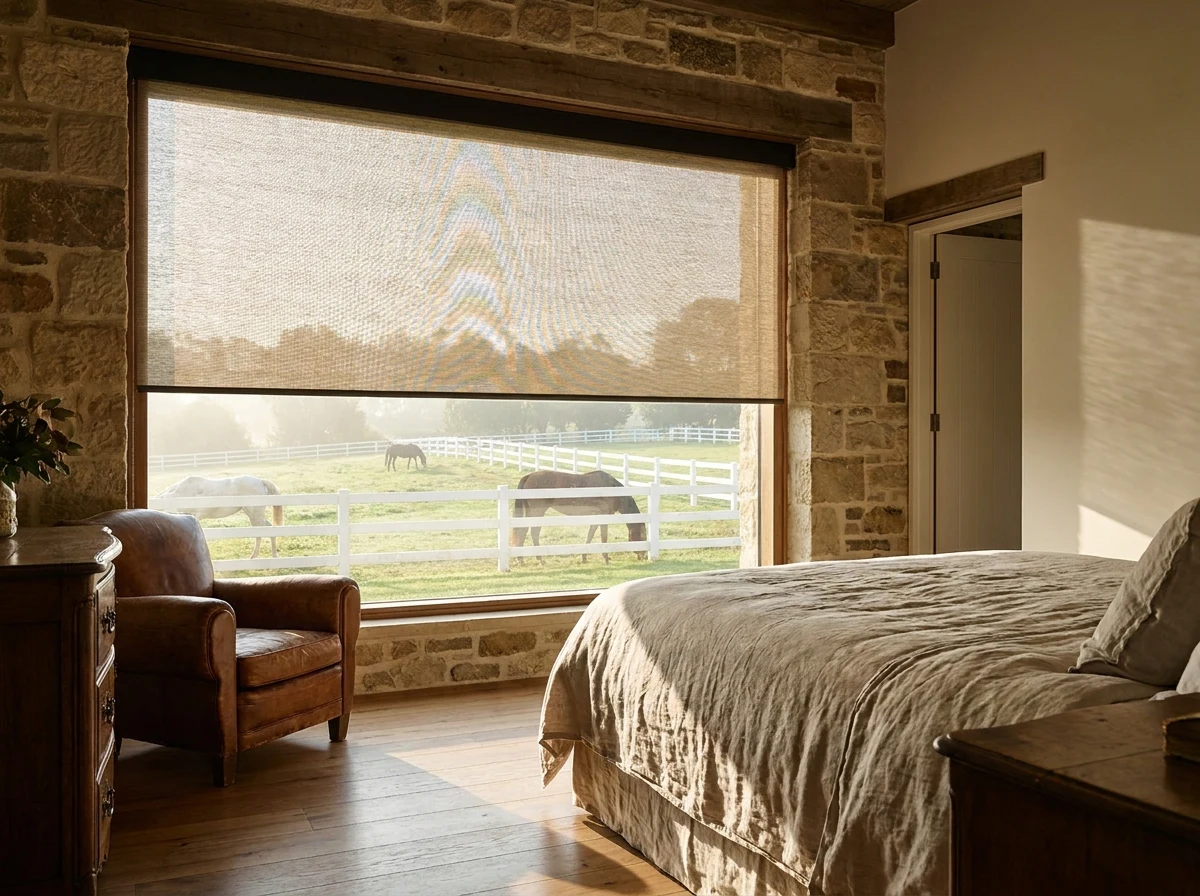 Sunscreen roller blind half-raised in a Beaulieu bedroom, morning light and paddock fencing visible through the window