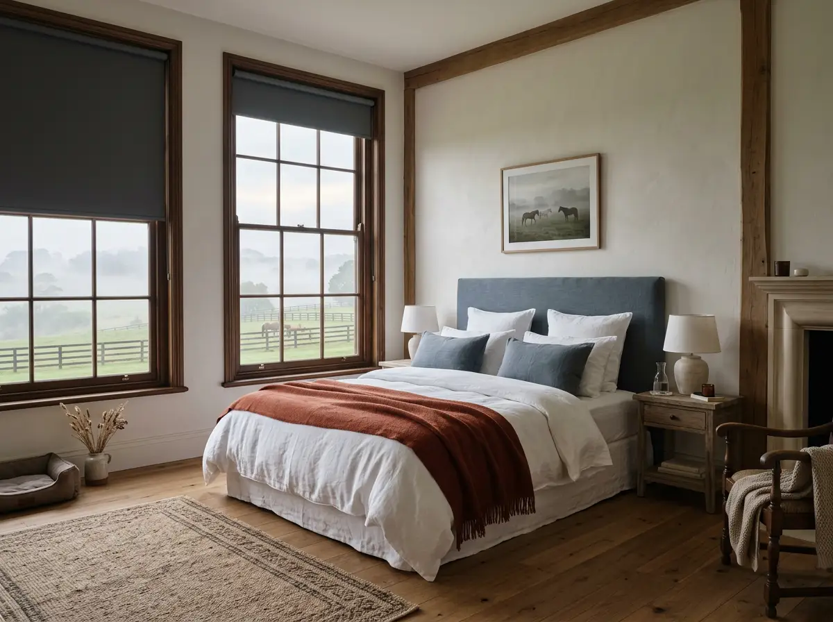 Bedroom in a Beaulieu equestrian estate home fitted with blockout blinds